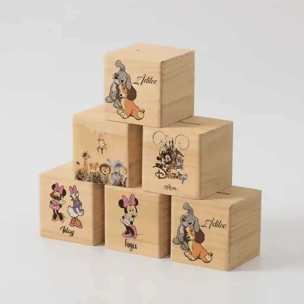 Custom Wooden Piggy Banks for Wholesale – Square Kids' Cartoon Printed Coin Boxes