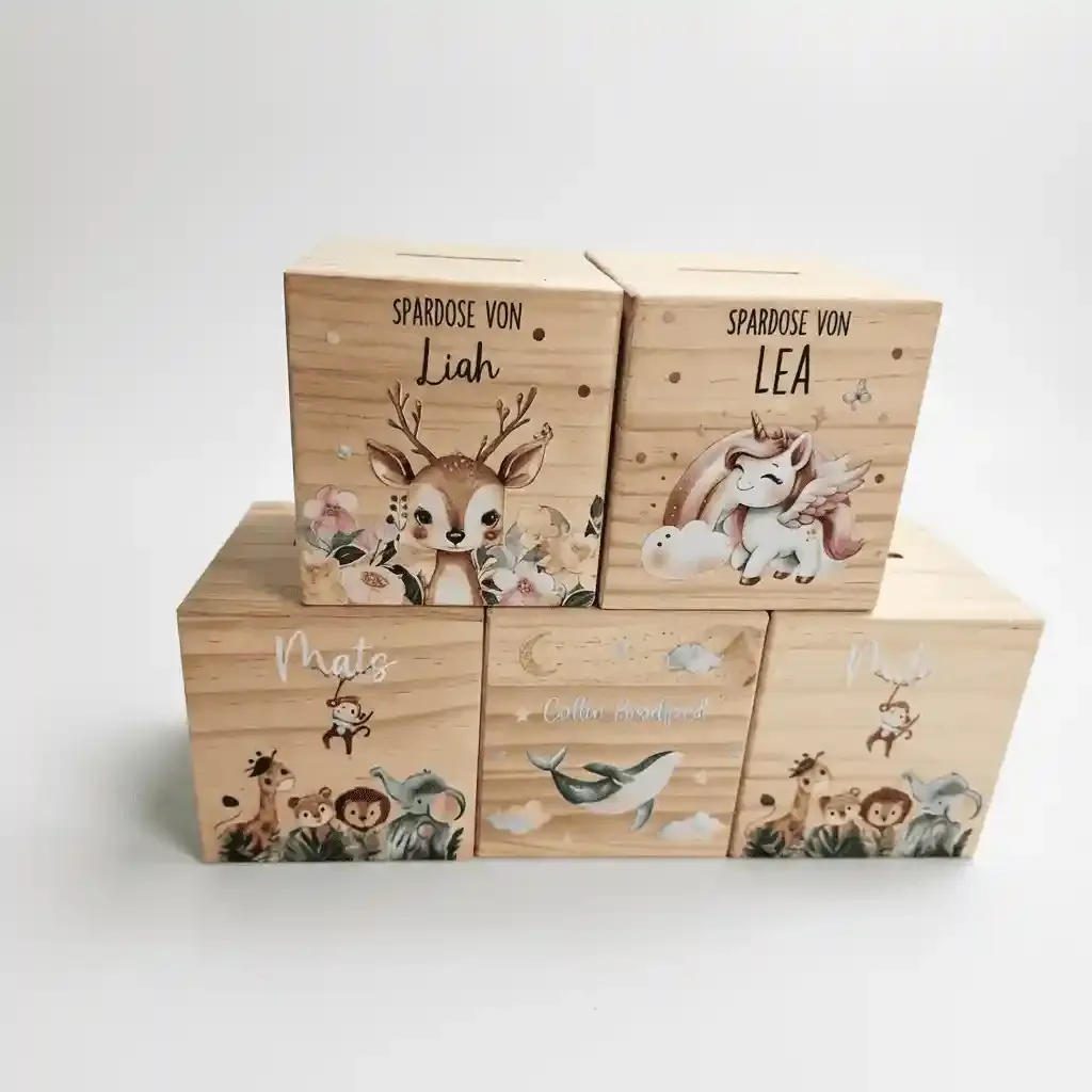 Custom Wooden Piggy Banks for Wholesale – Square Kids' Cartoon Printed Coin Boxes 2