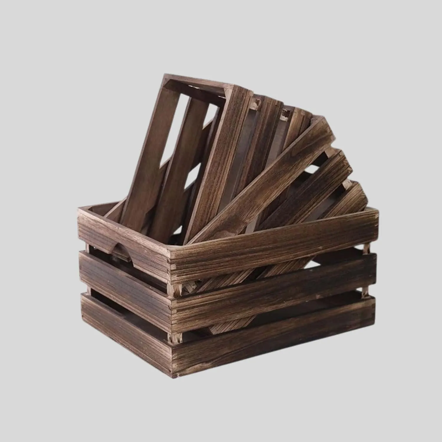 Dark Burned Wooden Slat Crate Set
