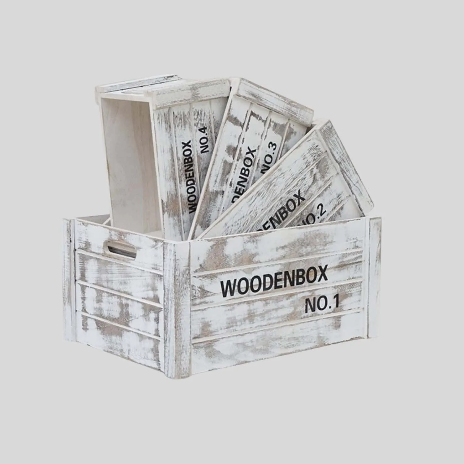 Rustic Distressed Wooden Storage Crates with Printed Numbers