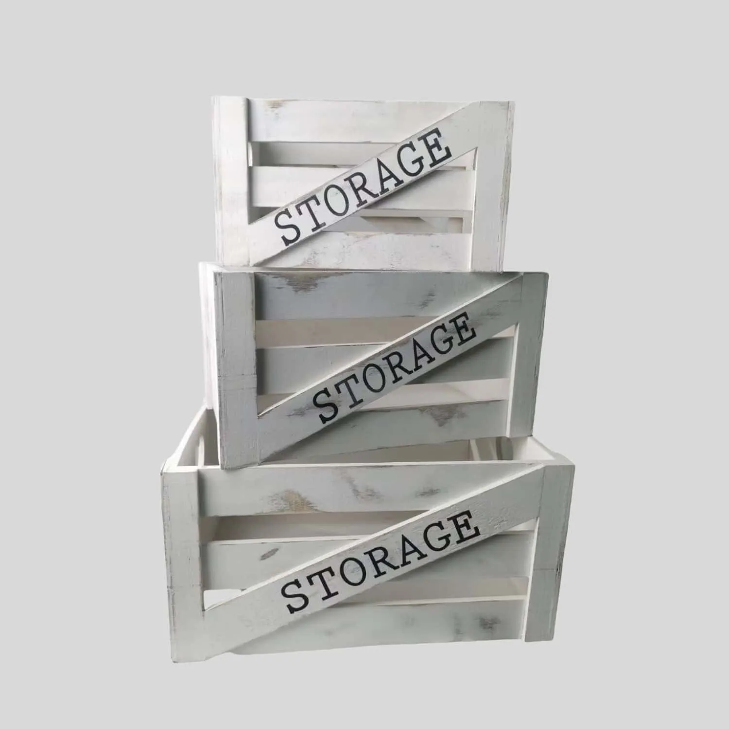Distressed Rustic Wooden Storage Crates Set with Printed “STORAGE” Text