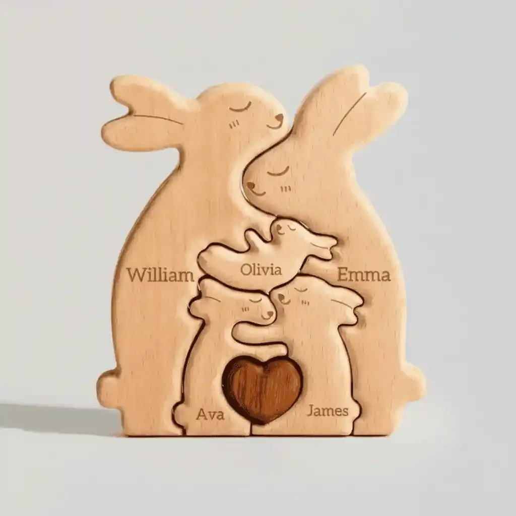 Wooden Rabbit Family Puzzle Personalized Easter Home Decor Interlocking Sculpture 3