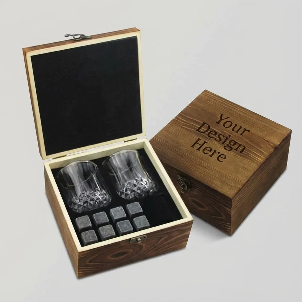 Pine Wood Vintage Whiskey Glass Box Set with Custom Branding Options 2