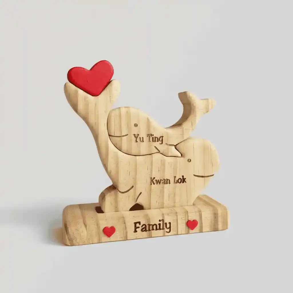 Pine Wood Whale Family Puzzle Sculpture with Custom Names 2