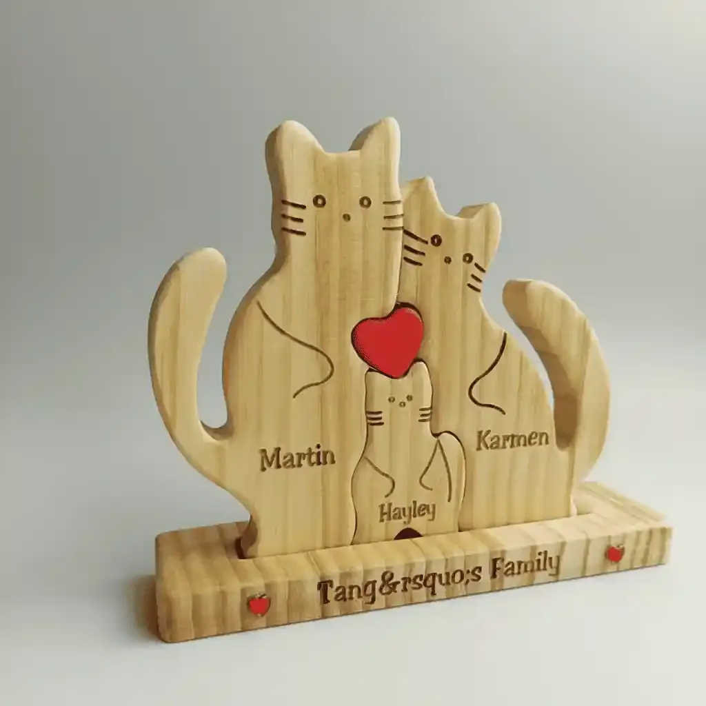 Cute Wooden Cat Family Sculpture – New Year & Christmas Animal Gift Art Ornament 2