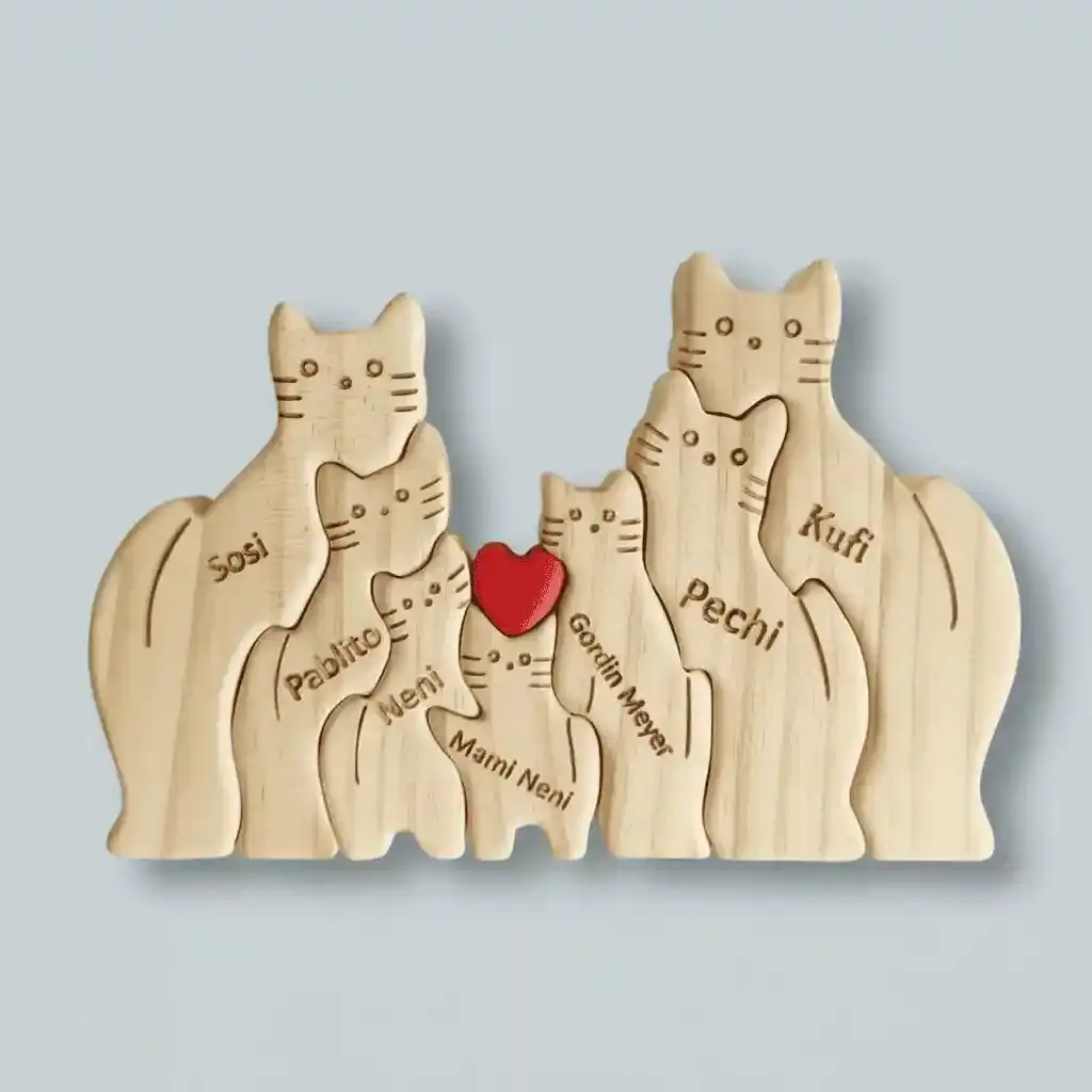 Cute Wooden Cat Family Sculpture – New Year & Christmas Animal Gift Art Ornament 4