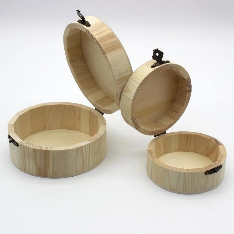 Round Wooden Storage Gift Box with Hinged Lid for Jewelry Tea Packaging 3