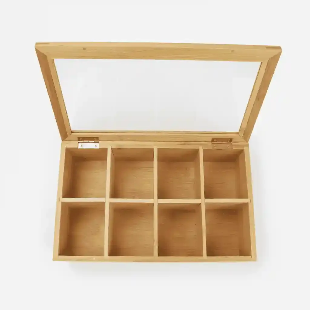 Bamboo Divided Tea Bag Storage Organizer with Clear Glass Lid 2