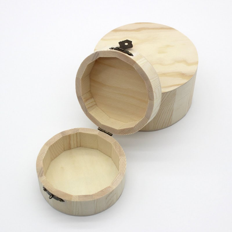 Round Wooden Storage Gift Box with Hinged Lid for Jewelry Tea Packaging Wholesale