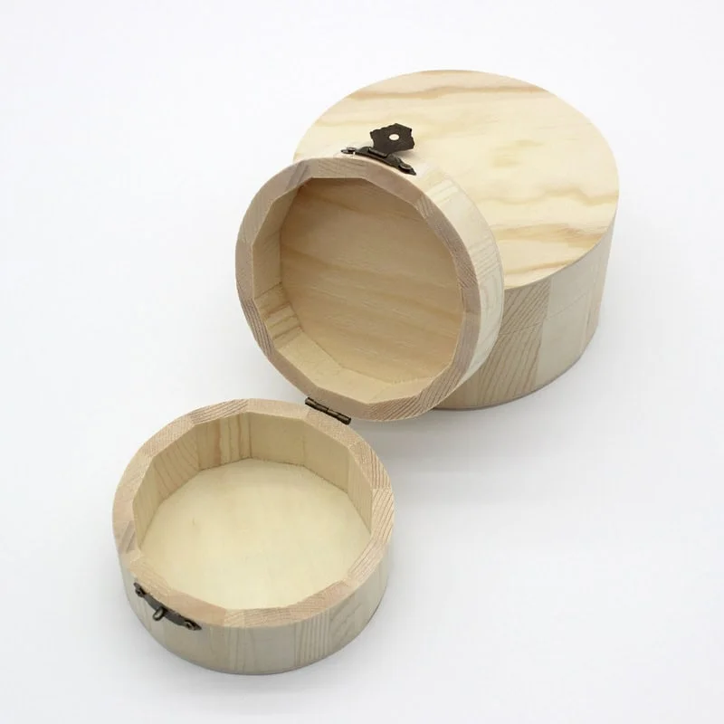 Round Wooden Storage Gift Box with Hinged Lid for Jewelry Tea Packaging