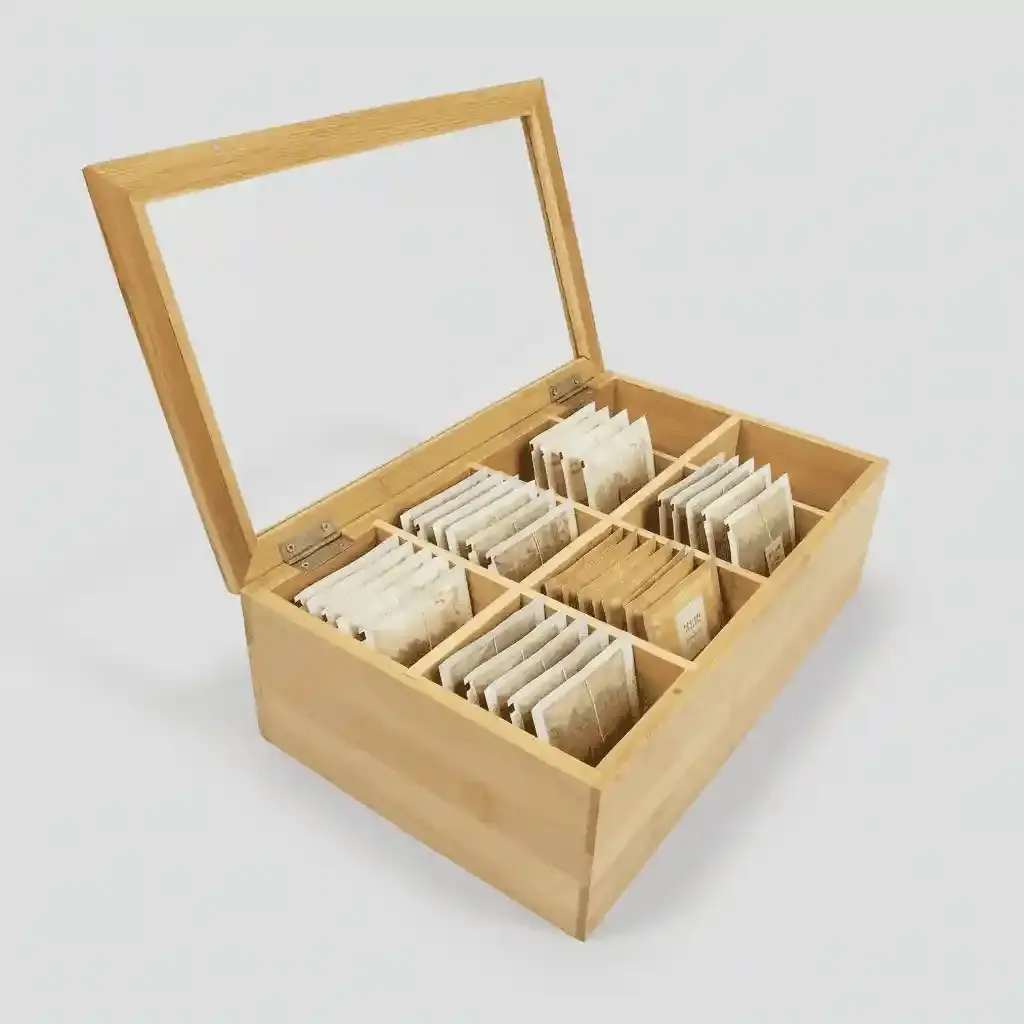 Bamboo Divided Tea Bag Storage Organizer with Clear Glass Lid 4