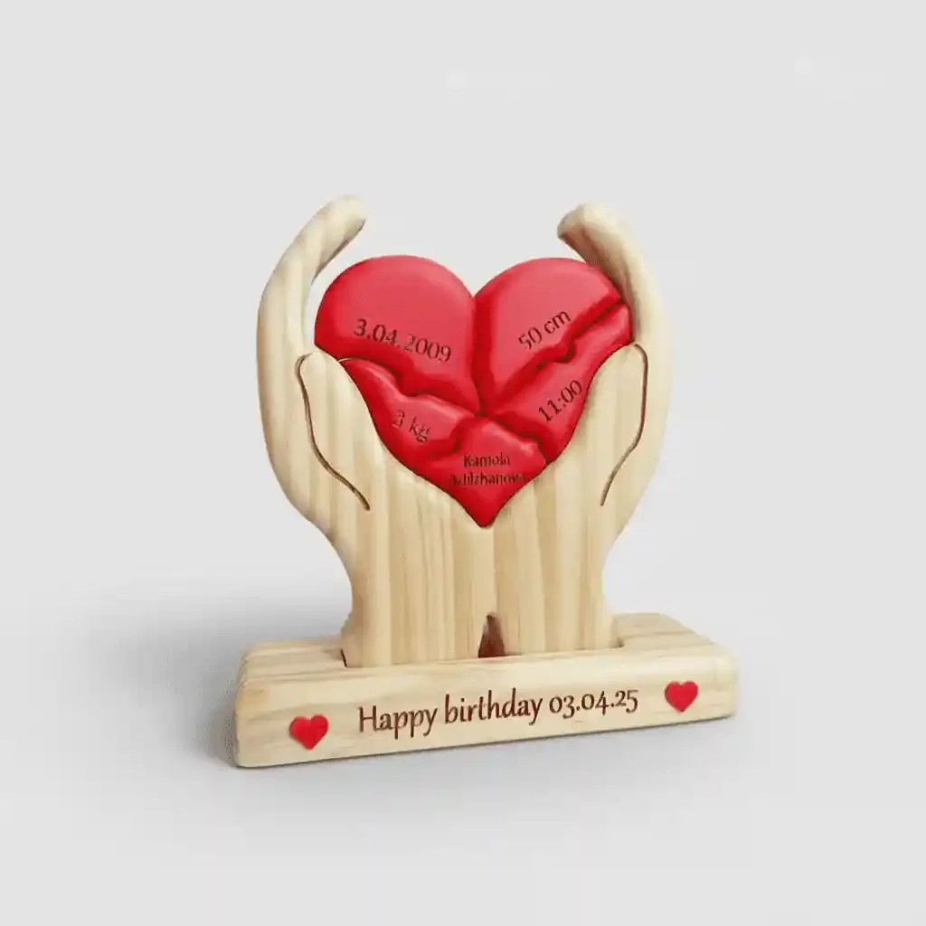 Personalized Wooden Hand Heart Puzzle Family Sculpture for Mother's Day