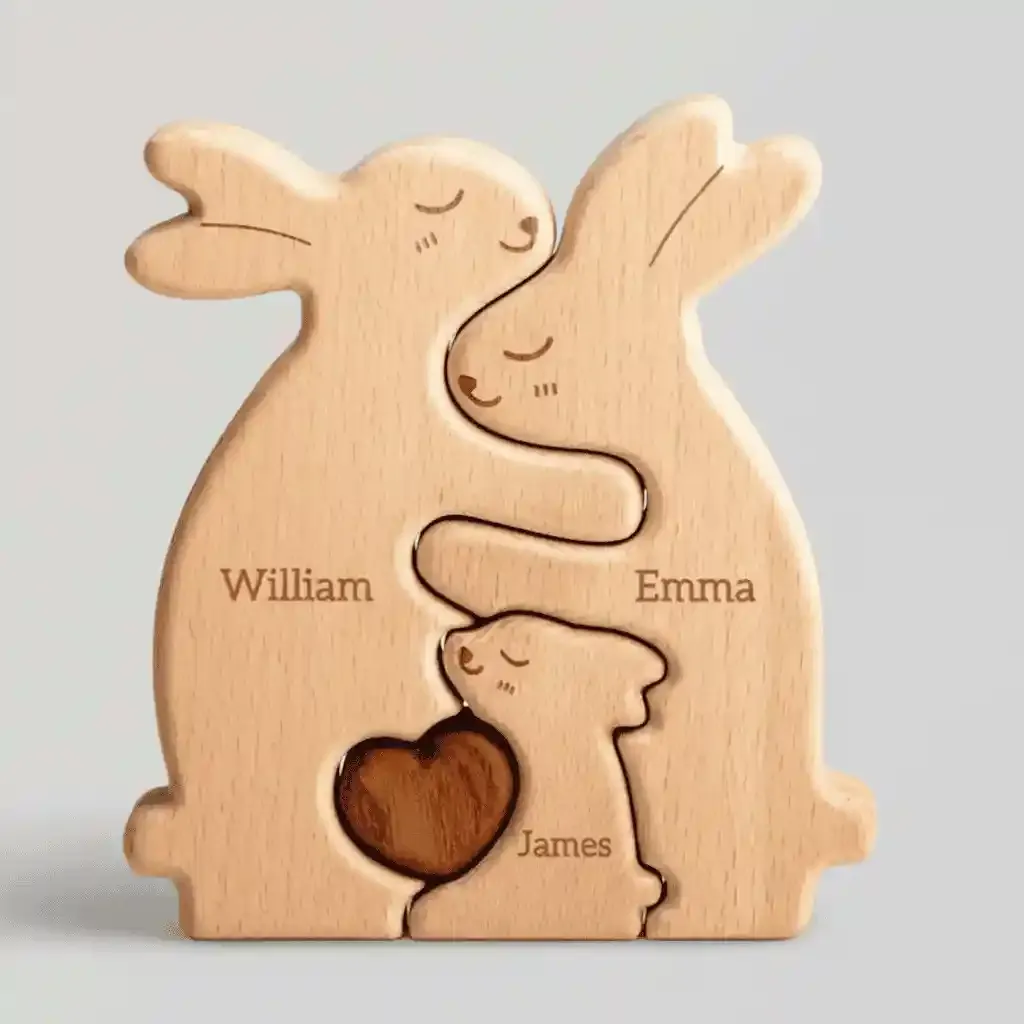 Wooden Rabbit Family Puzzle Personalized Easter Home Decor Interlocking Sculpture