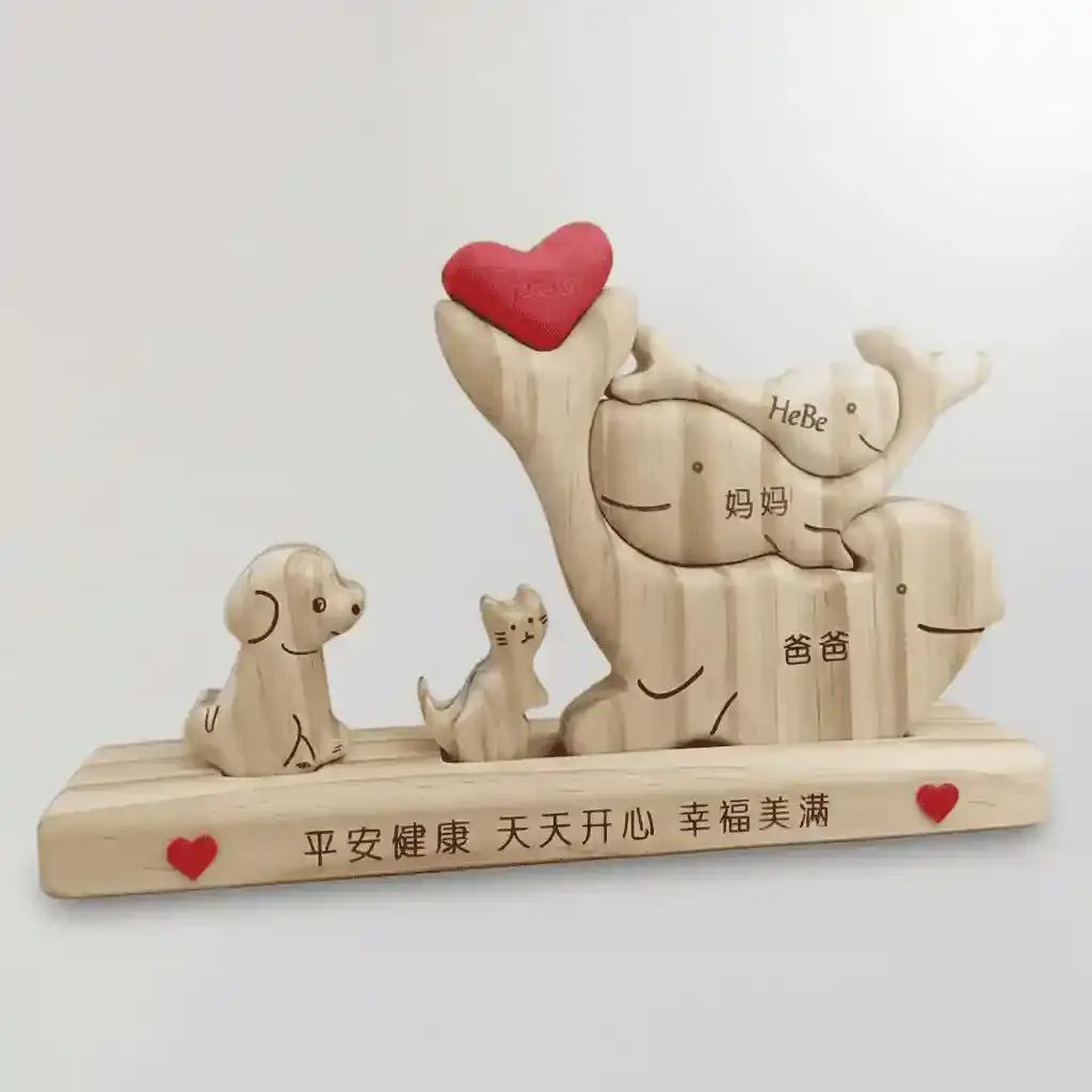 Pine Wood Whale Family Puzzle Sculpture with Custom Names 3
