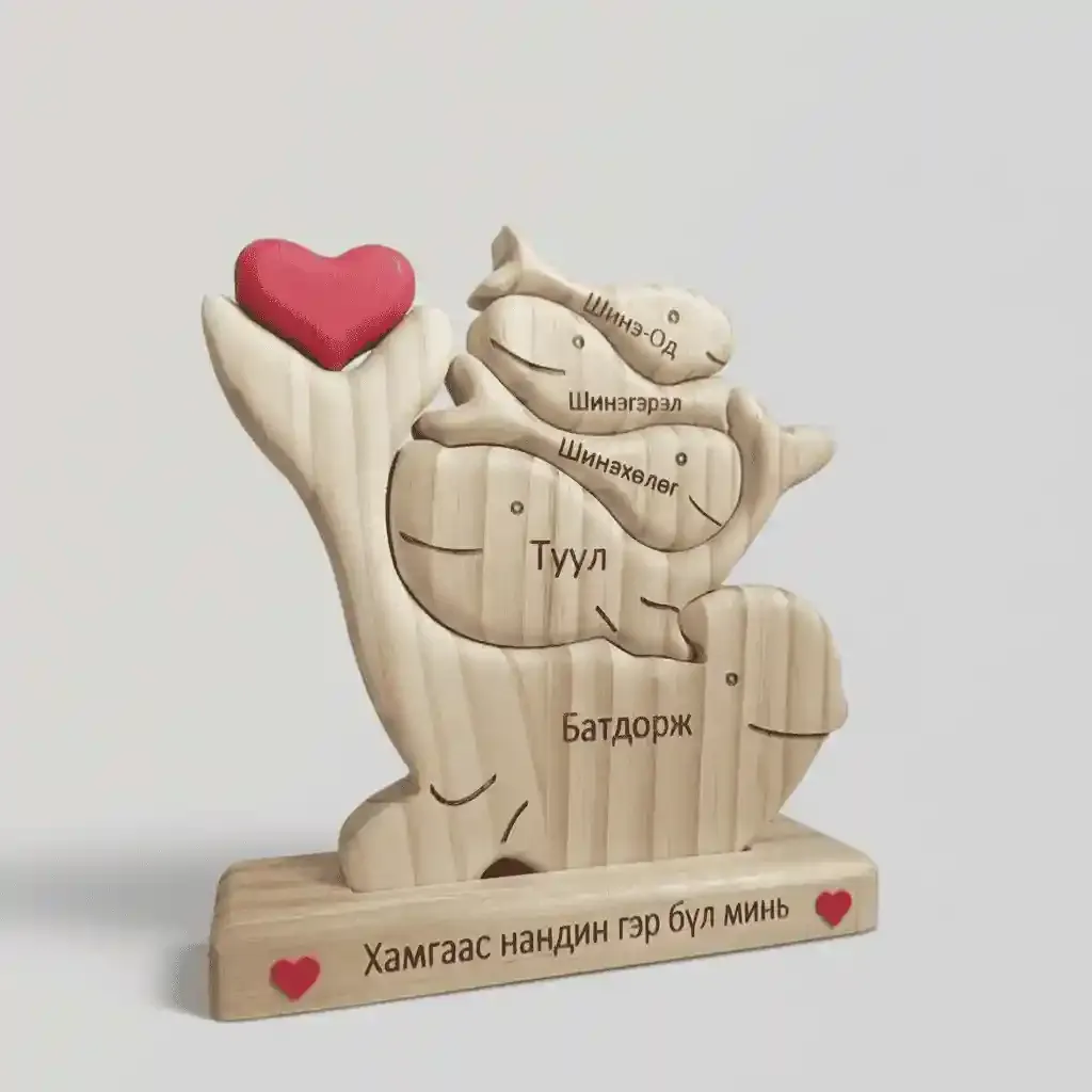 Pine Wood Whale Family Puzzle Sculpture with Custom Names