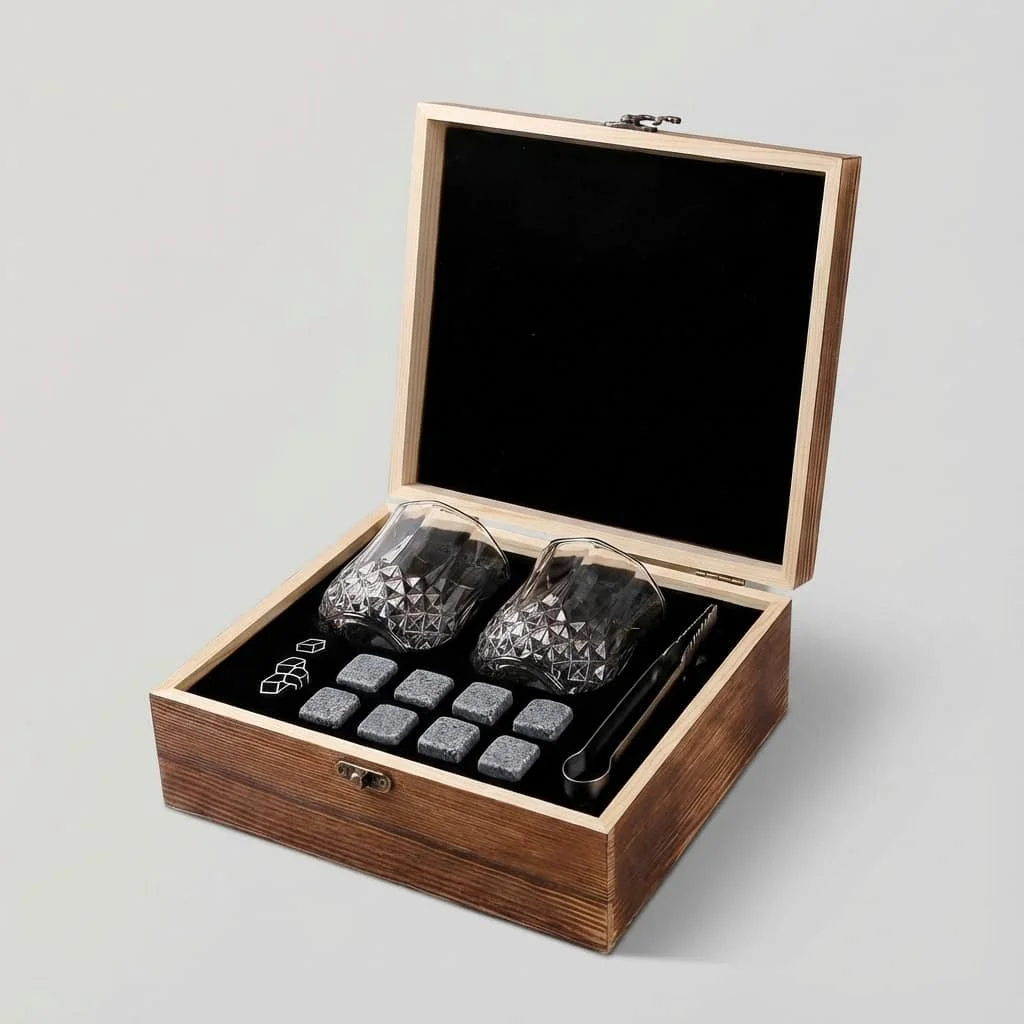 Pine Wood Vintage Whiskey Glass Box Set with Custom Branding Options