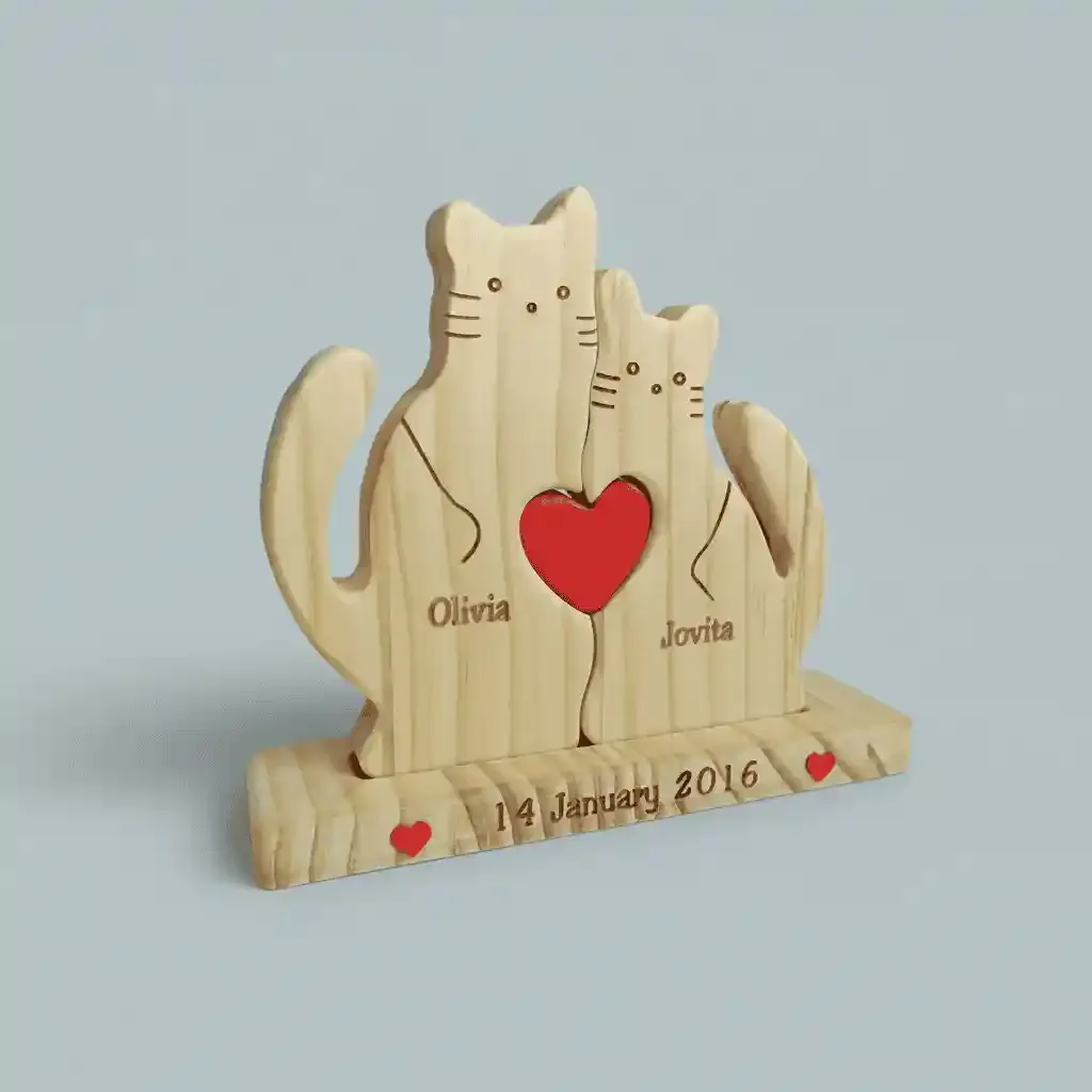Cute Wooden Cat Family Sculpture – New Year & Christmas Animal Gift Art Ornament 3