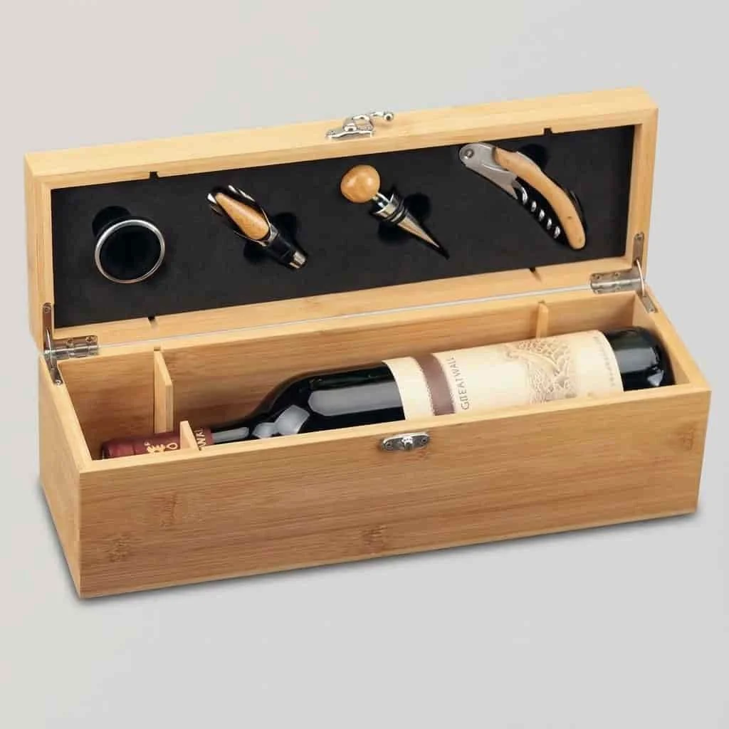 Single Bottle Bamboo Wine Box with Accessories for Wine Packaging