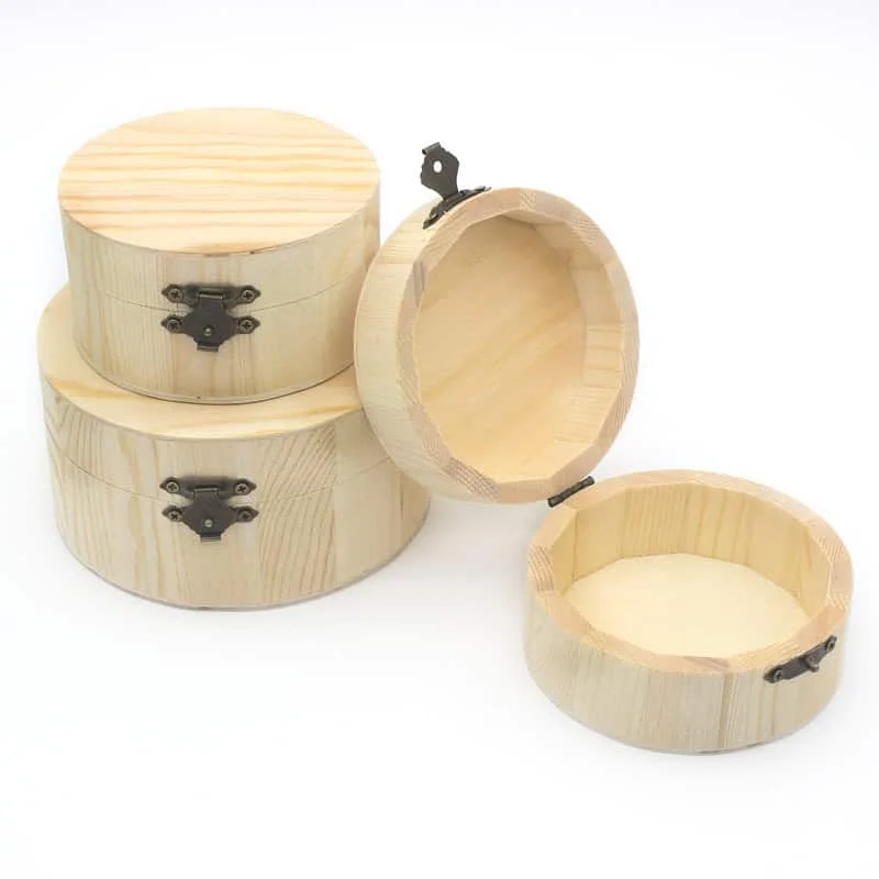 Round Wooden Storage Gift Box with Hinged Lid for Jewelry Tea Packaging 2