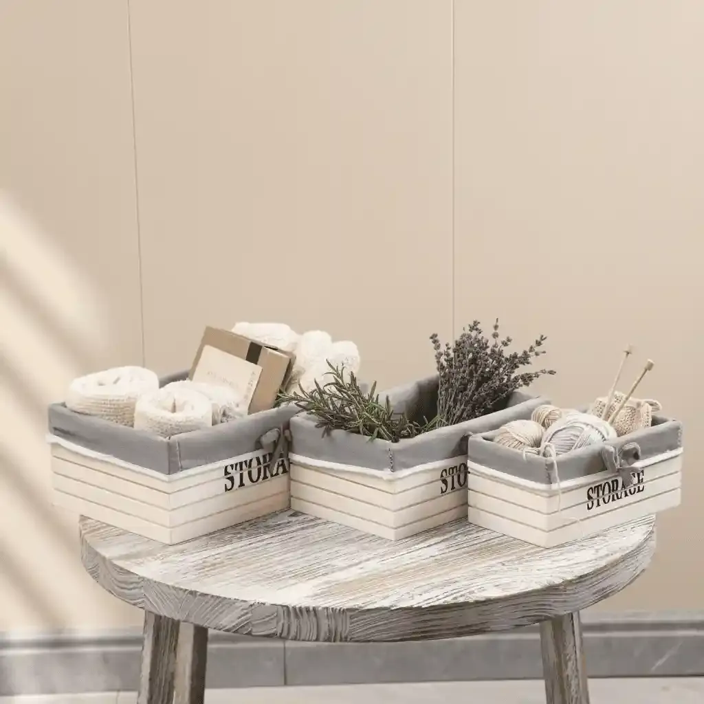 Ready Stock Decorative Wood Storage Bins — Multi-Size Slatted Baskets with Fabric Liner 3