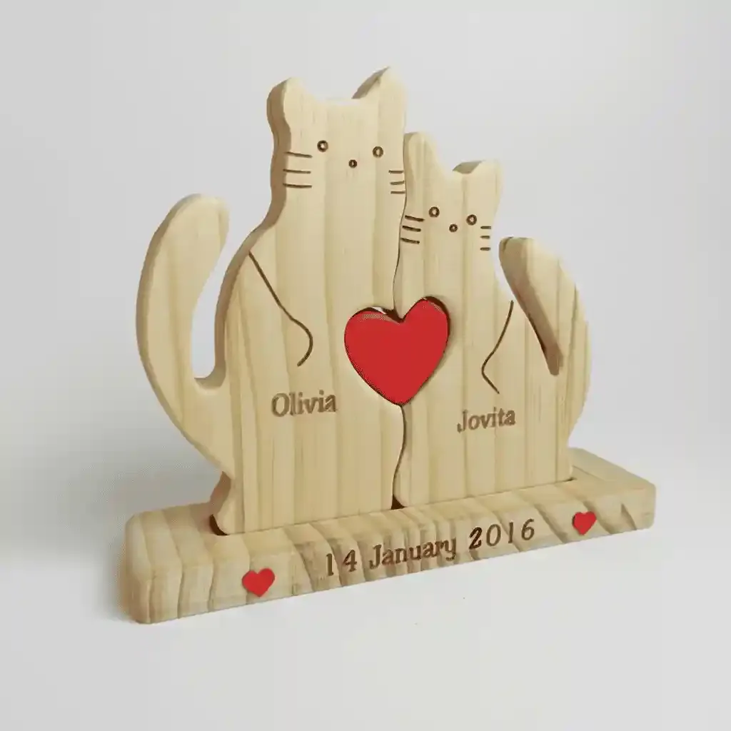 Wooden Cat Family Puzzle Sculpture with Custom Engraving 4