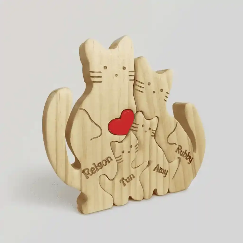 Wooden Cat Family Puzzle Sculpture with Custom Engraving 2