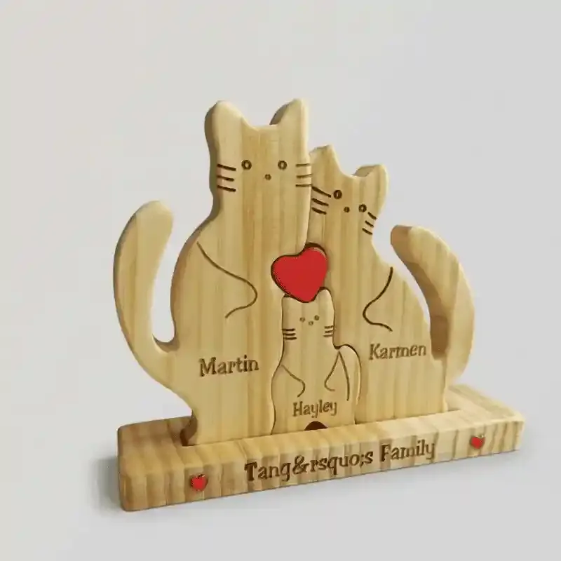 Wooden Cat Family Puzzle Sculpture with Custom Engraving 3