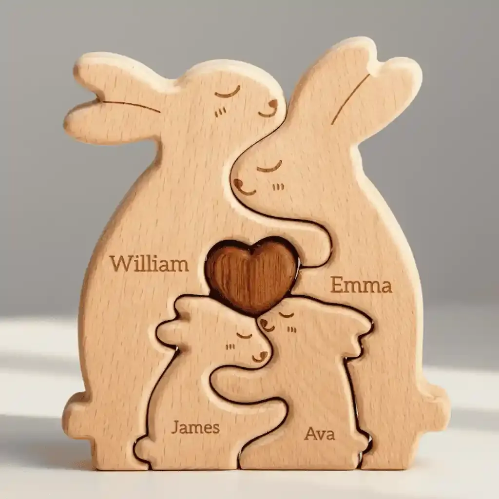 Wooden Rabbit Family Puzzle Personalized Easter Home Decor Interlocking Sculpture 2