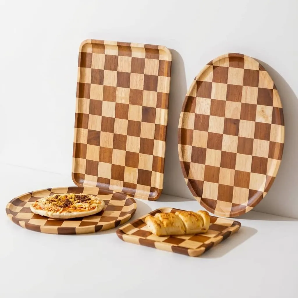 2025 New Acacia Wood Checkerboard Tray for Home, Dessert, Bread, and Tea Service