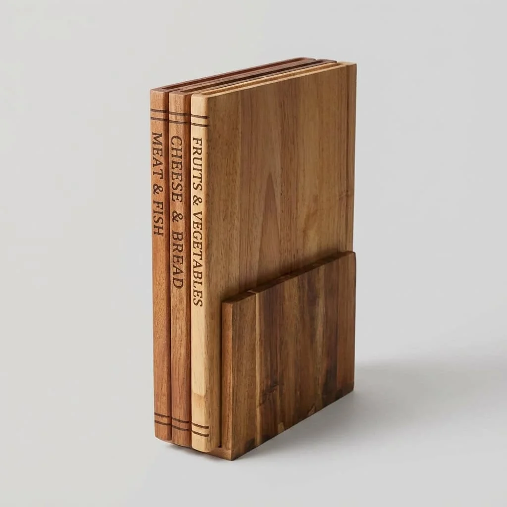 Book Shaped Cutting Board Set with Stand – Acacia, Ebony, Rubber Wood Kitchenware