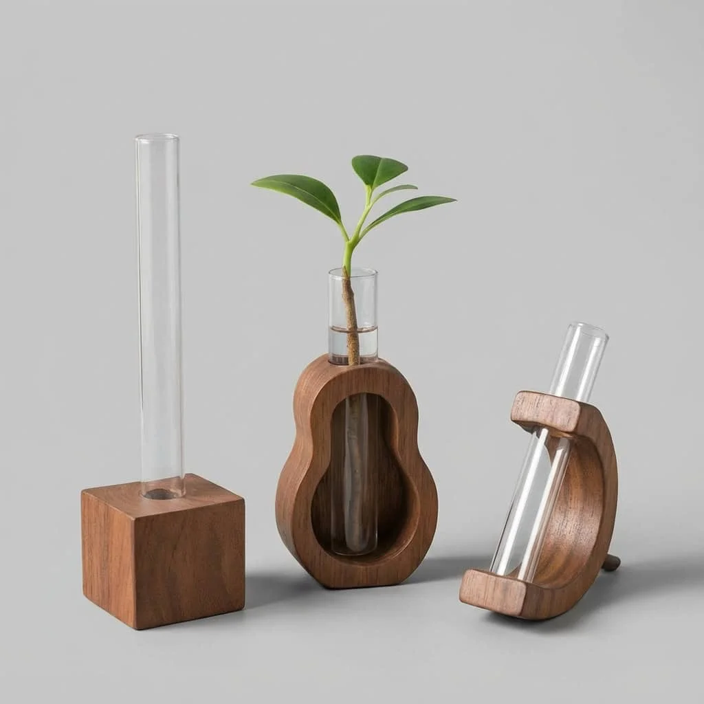 Walnut Wood Test Tube Vase | Custom Desktop Flower Arranger 2