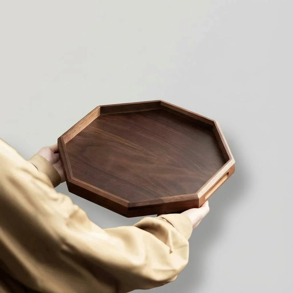 Acacia Wood Octagonal Serving Tray and Black Walnut Plates for Food Service 6