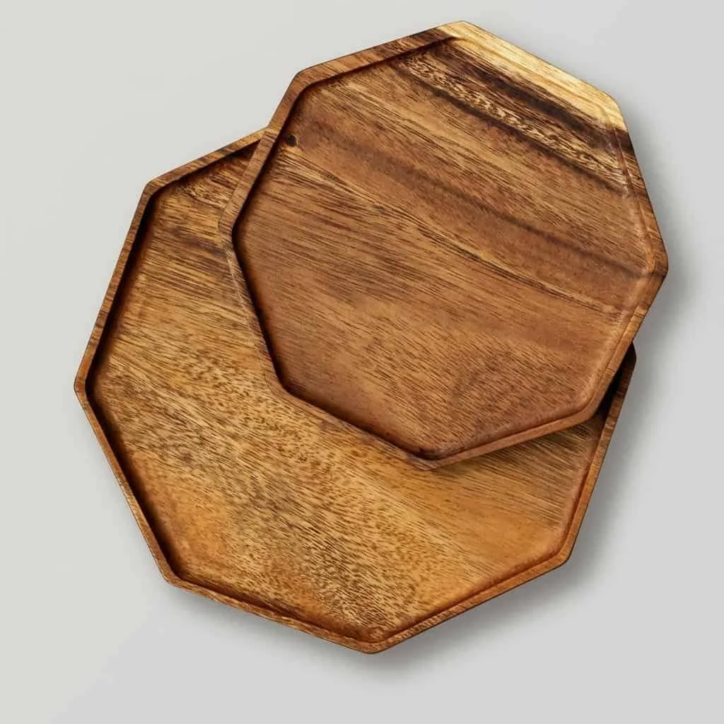 Acacia Wood Octagonal Serving Tray and Black Walnut Plates for Food Service 2