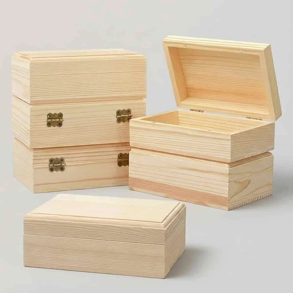Rectangular Pine Wood Storage Box with Metal Hinges for Gifts and Essential Oils
