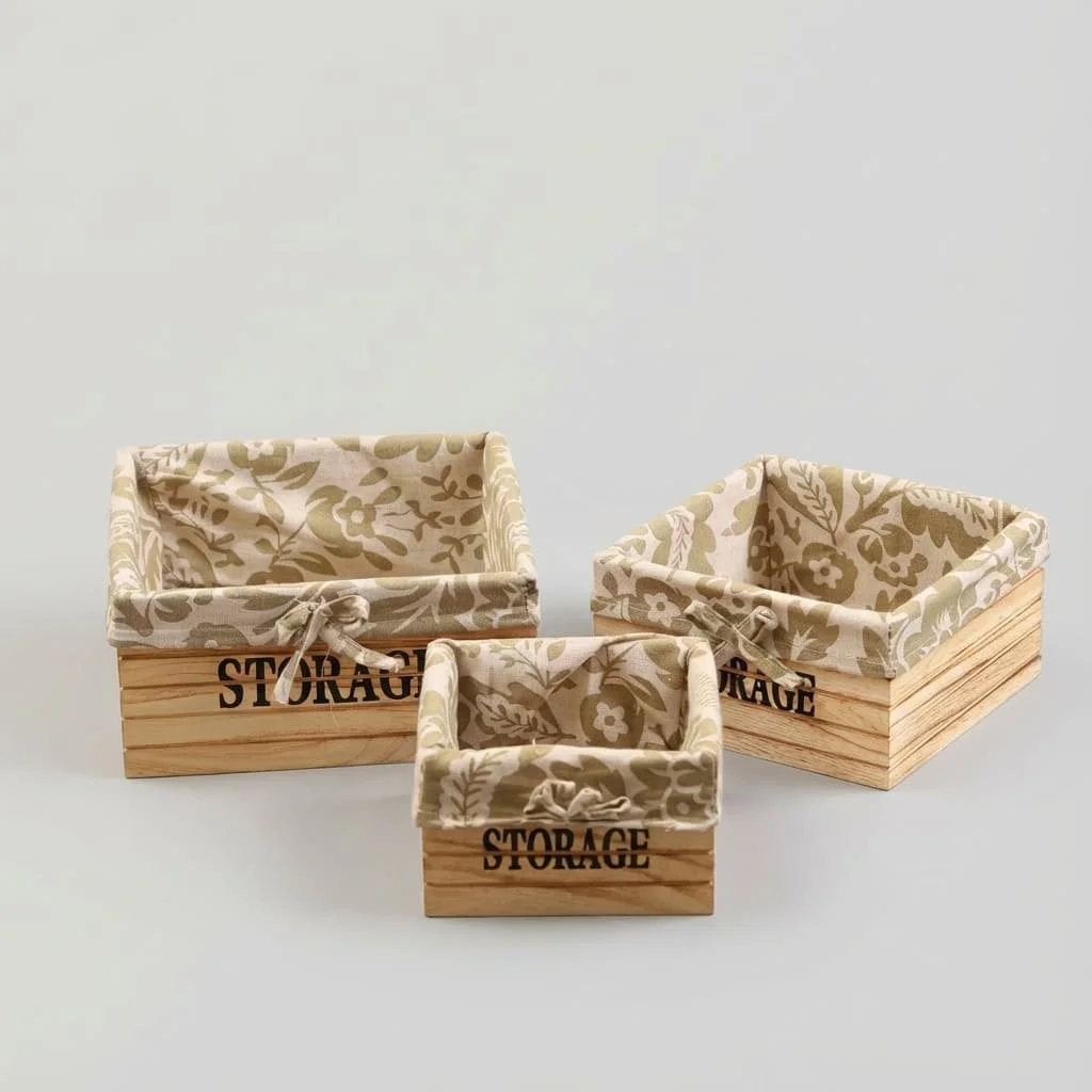 Rustic Wooden Storage Boxes with Fabric Liner Set for Desktop Organization 2