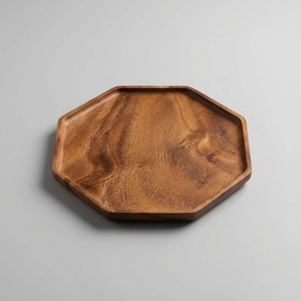 Acacia Wood Octagonal Serving Tray and Black Walnut Plates for Food Service 4
