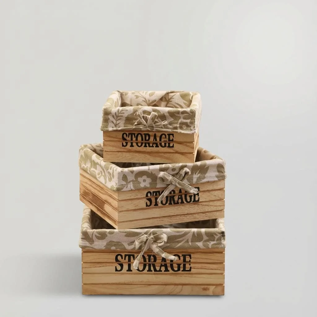 Rustic Wooden Storage Boxes with Fabric Liner Set for Desktop Organization