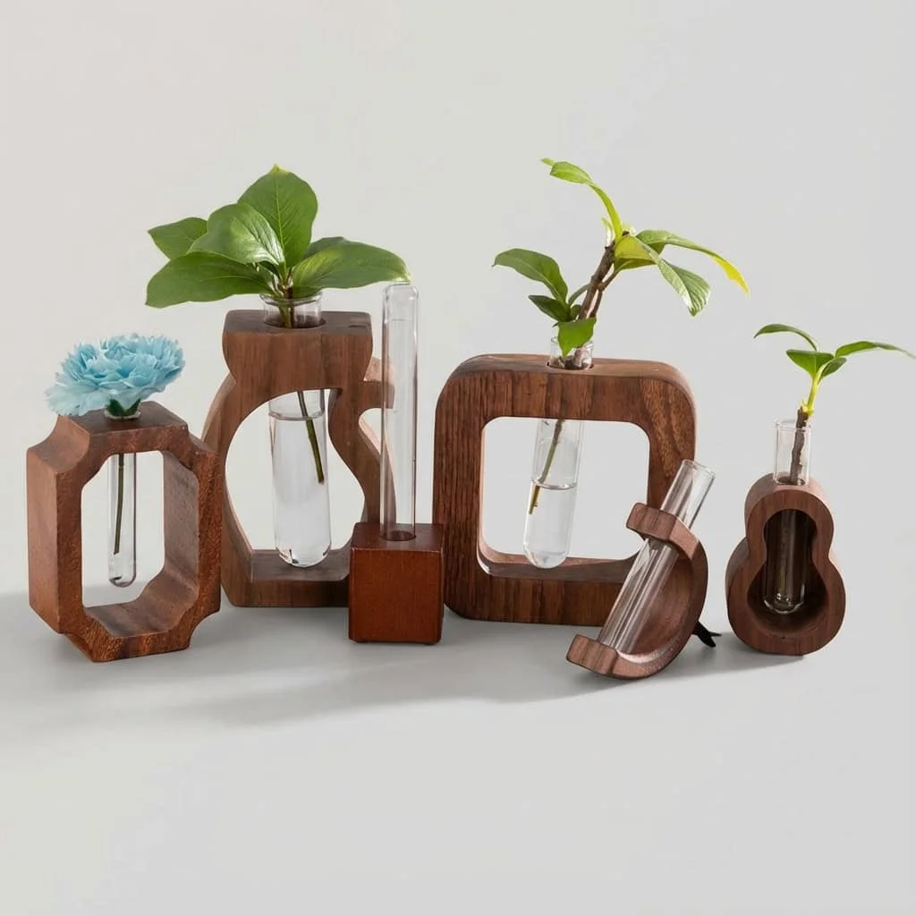 Walnut Wood Test Tube Vase | Custom Desktop Flower Arranger