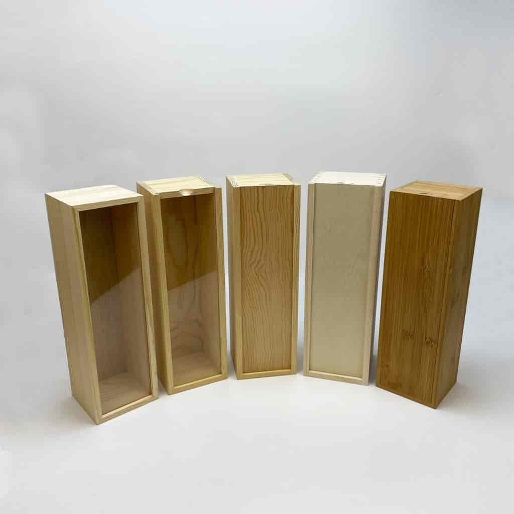 Custom wooden wine boxes with sliding lids and hinged designs for wine packaging and gifting