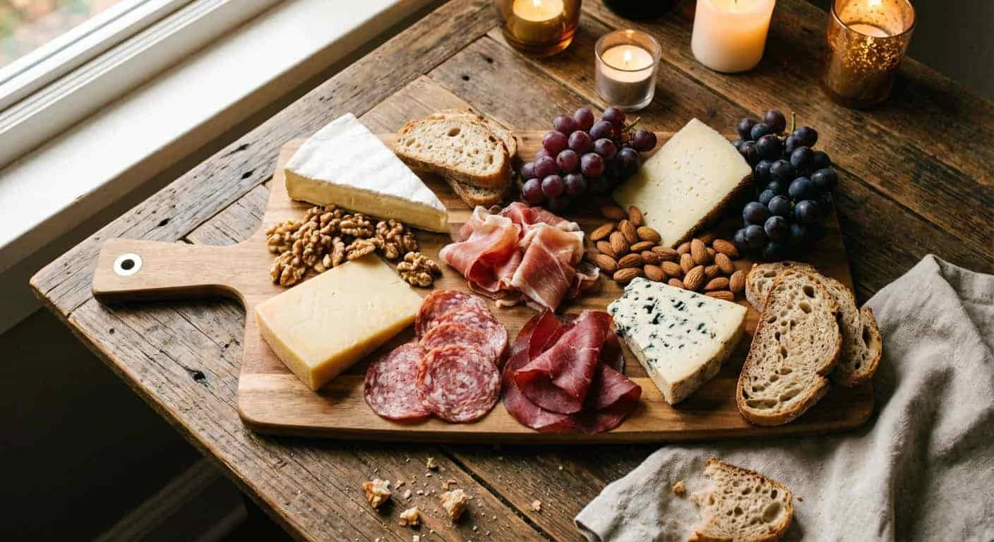 Acacia wood cutting board used as a cheese and charcuterie serving platter