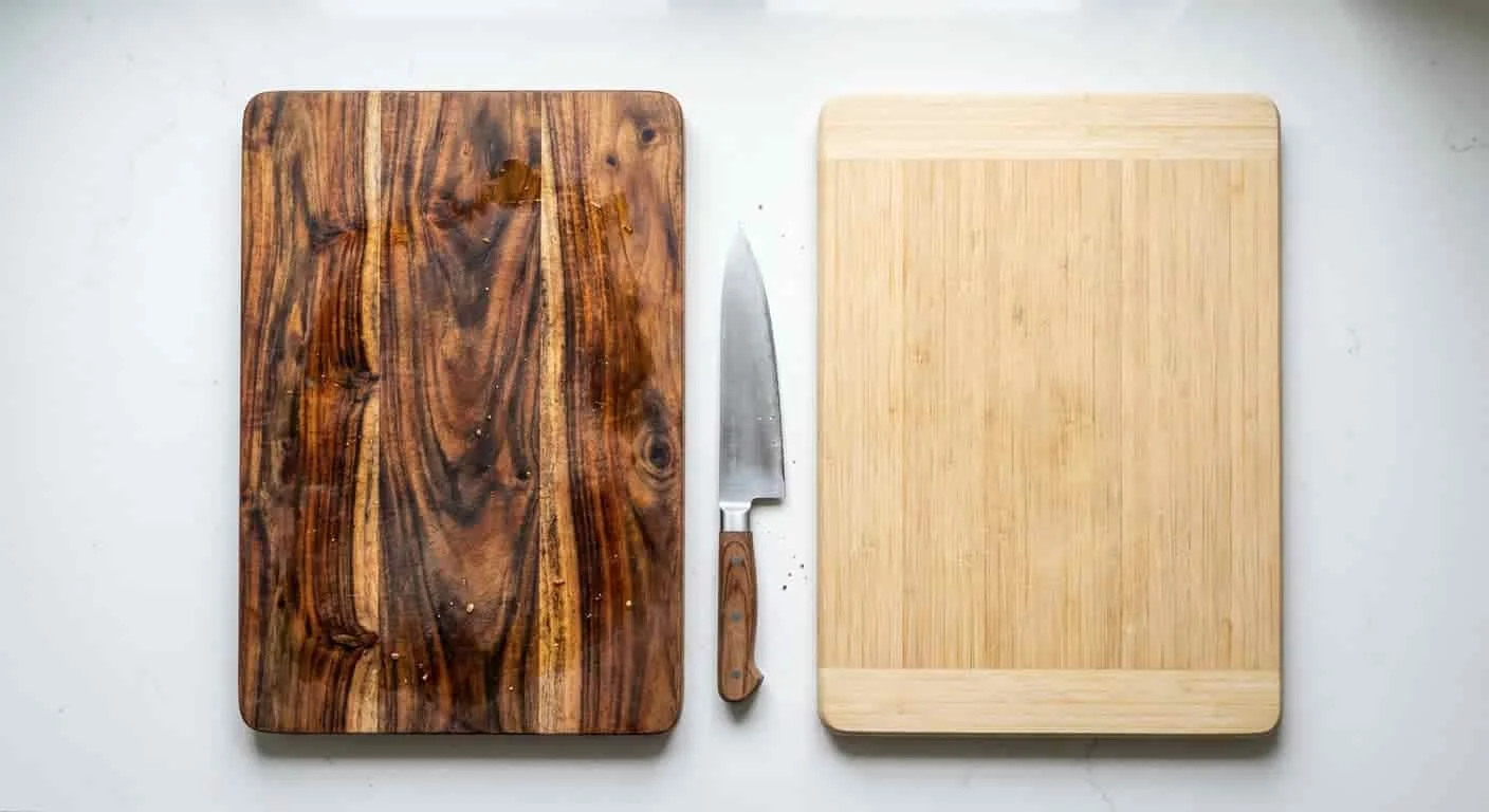 Acacia wood cutting board and bamboo board side by side for comparison