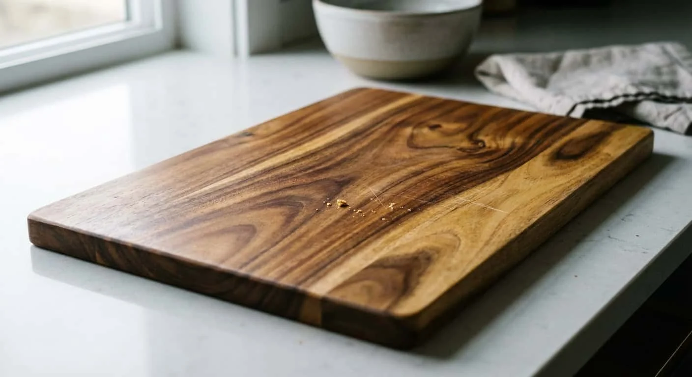 Close-up of acacia wood cutting board grain on a kitchen counter