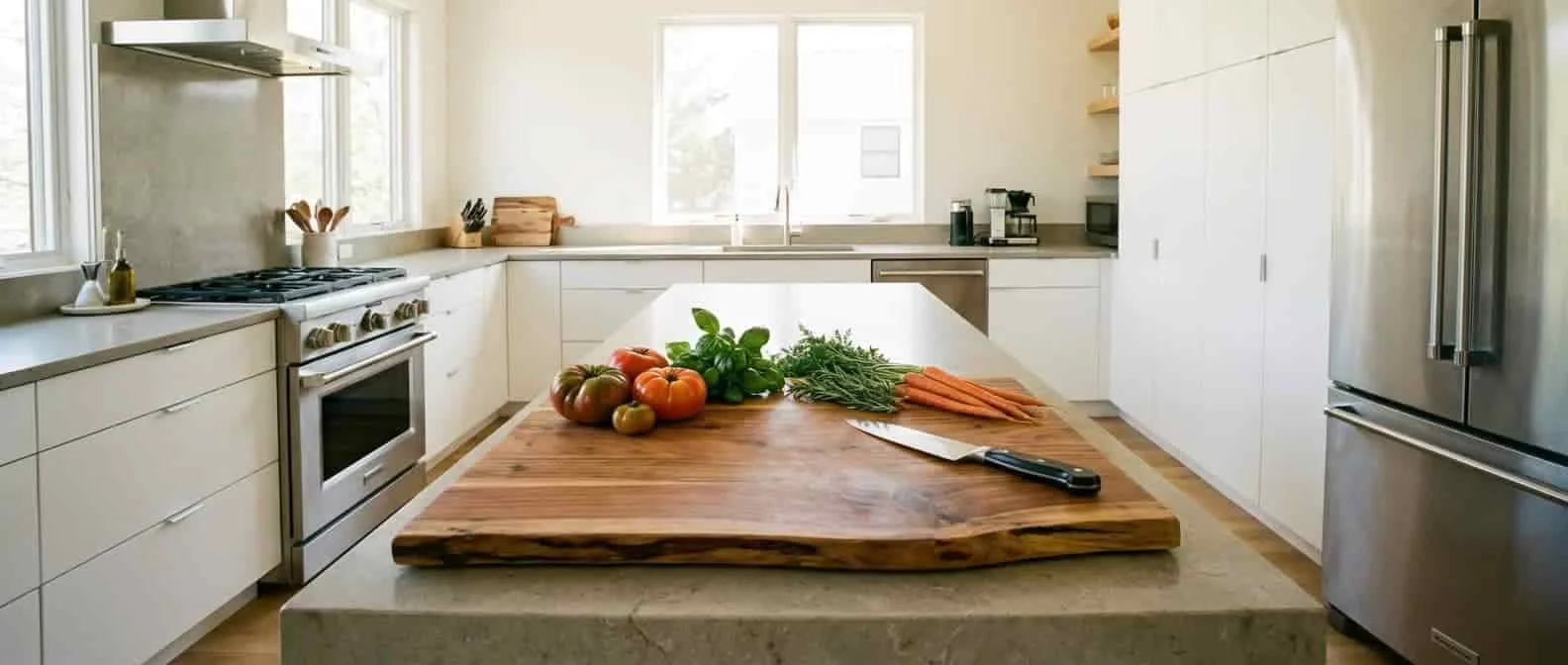 Acacia wood cutting board on a modern kitchen countertop with fresh ingredients