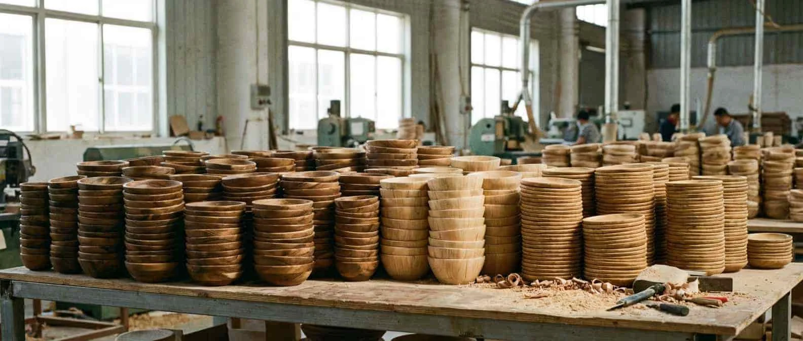 Stack of assorted wholesale wooden bowls in different sizes and wood species on a production table