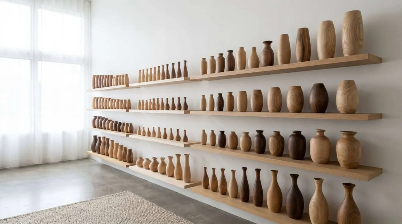 Assorted wholesale wooden vases made from different hardwood species displayed on shelves