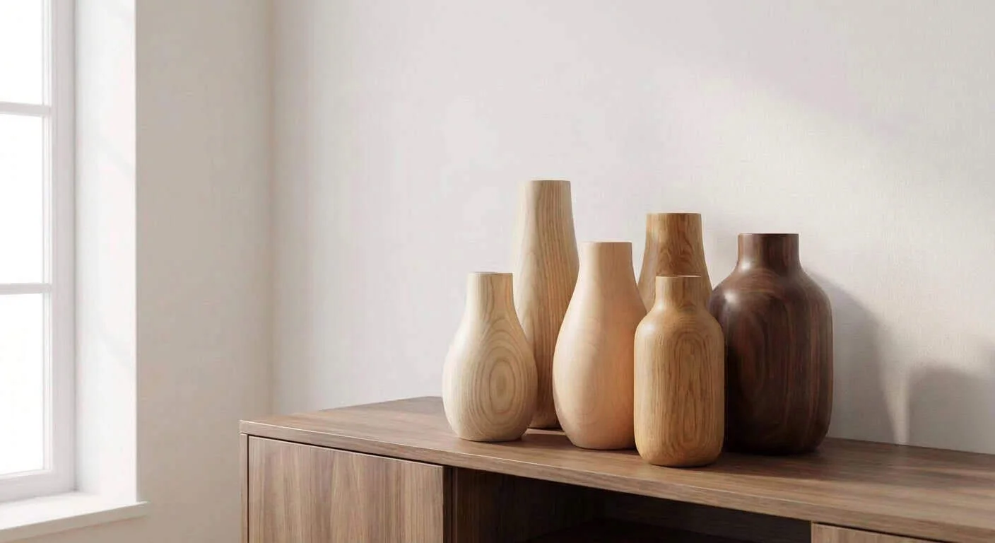 Close-up of different wooden vases in light and dark species arranged on a wooden sideboard
