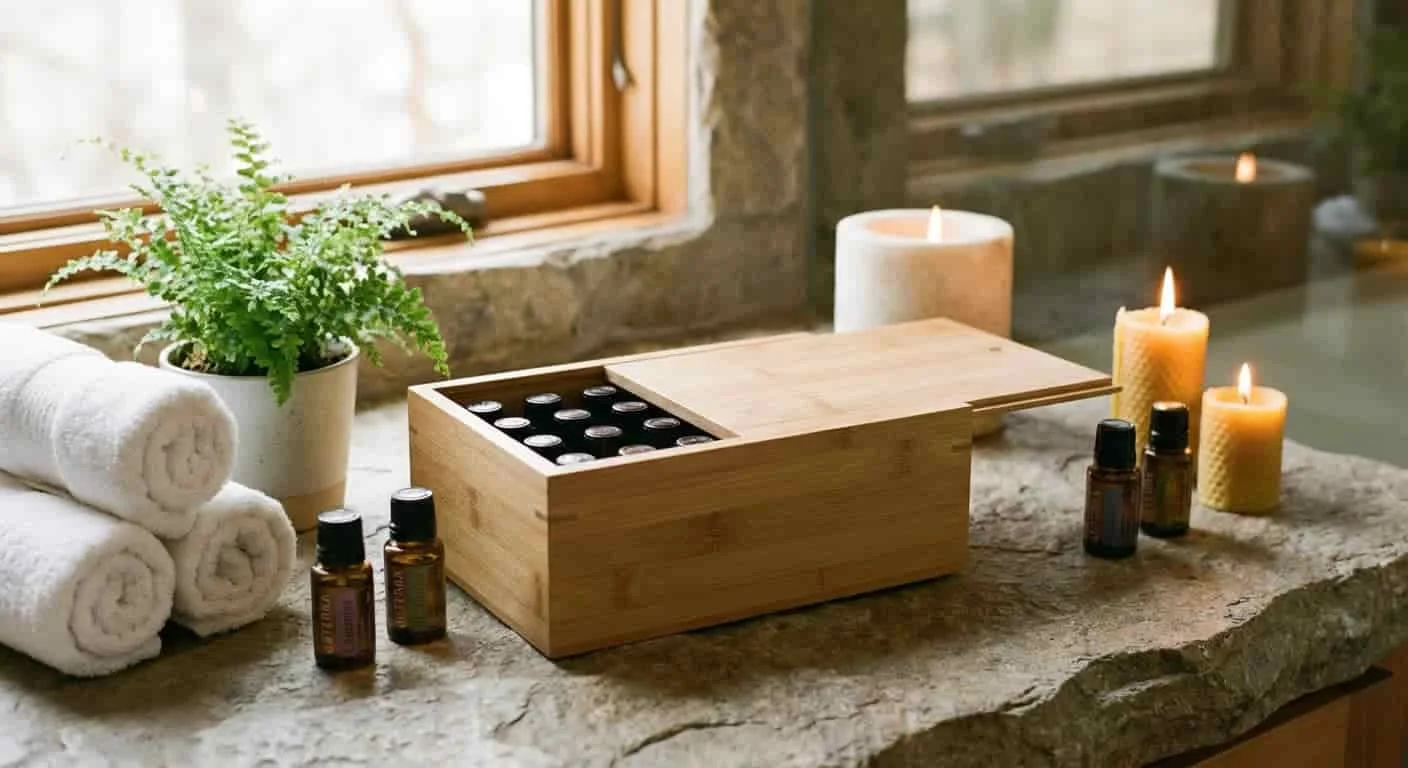 Bamboo essential oil box with sustainable branding elements displayed in a spa environment