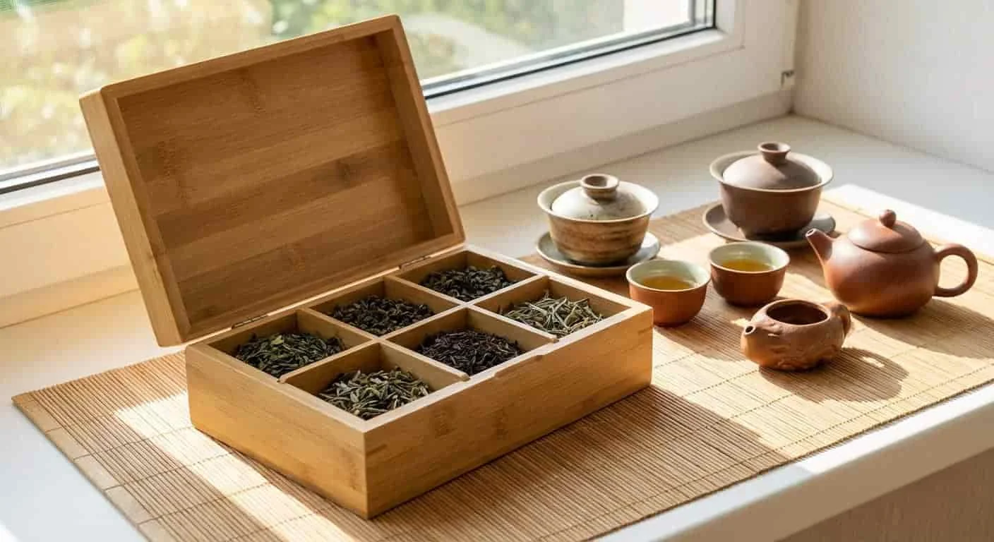 An elegant bamboo tea packaging box with internal compartments displaying loose-leaf tea