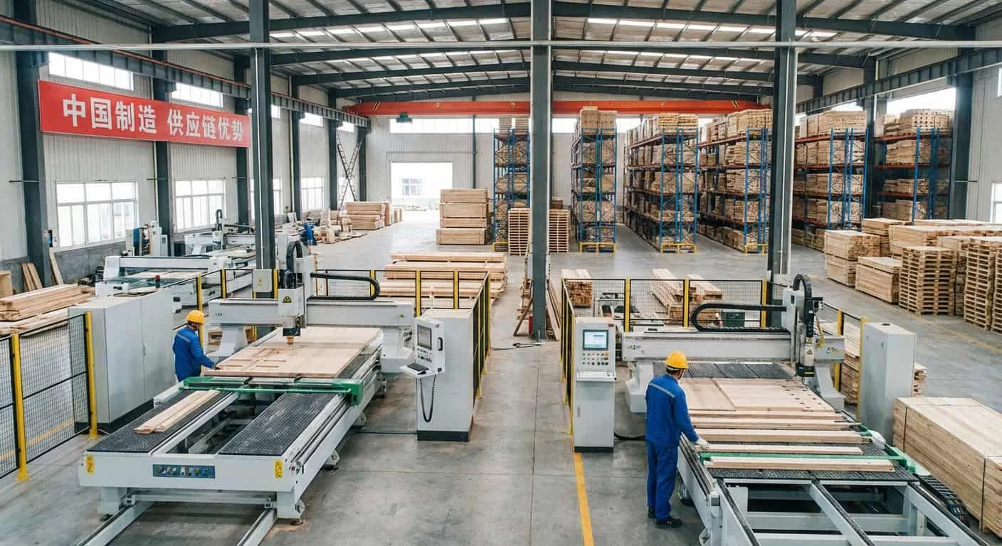 Interior view of a modern wooden product manufacturing manufacturing facility in China showing advanced machinery and organized production line