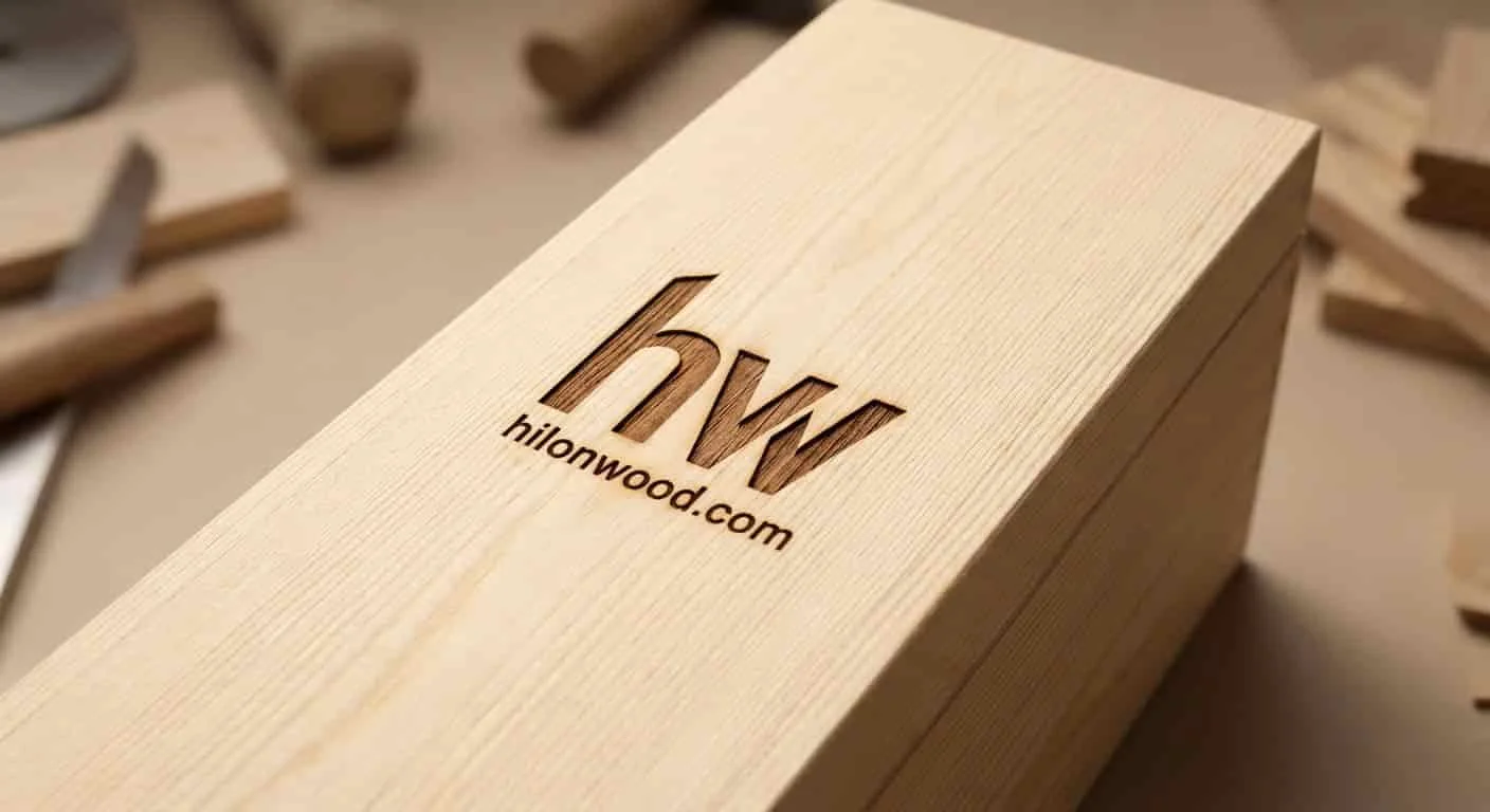 Close-up of engraved wooden wine box lid with logo and grain detail